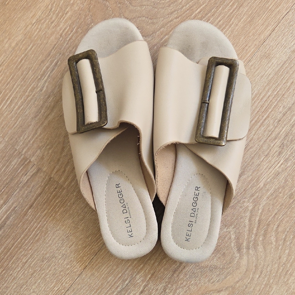 Anthropologie Kelsi Dagger Brooklyn Dover Platform Cream Buckle Slide -size 6.5 - Picture 2 of 9